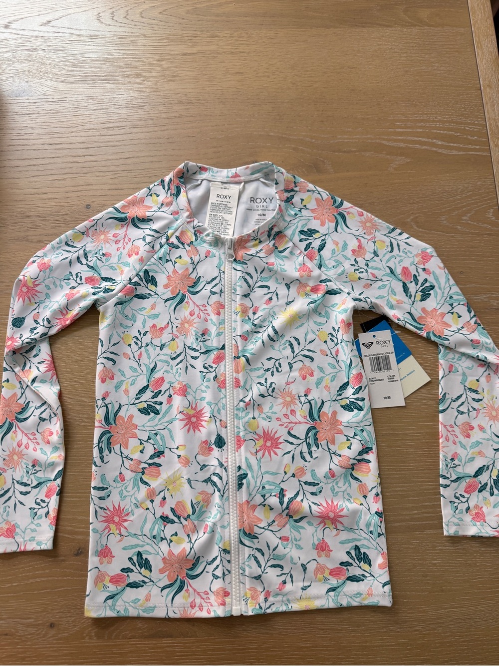 Roxy Girls' White Floral Long-Sleeve Zip Rashguard size 10/M
